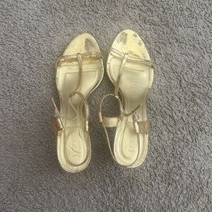 J. Crew Carlina Gold T-Strap Slingback Heel Sandals